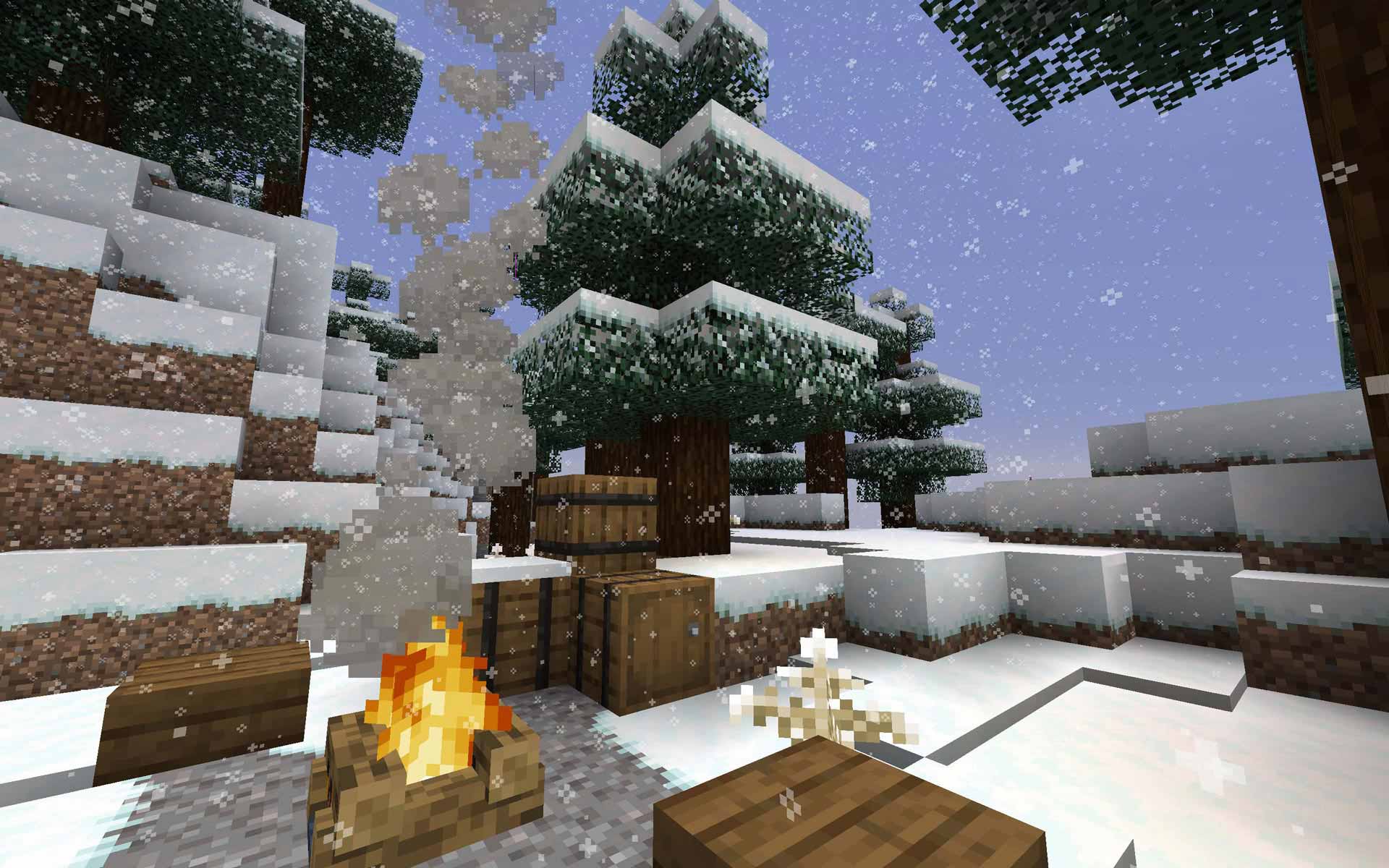 This is a screenshot of the videogame minecraft. In this you see a campfire buring in a lightly densed pine tree forest. It's snowing and a big layer has been set already.
